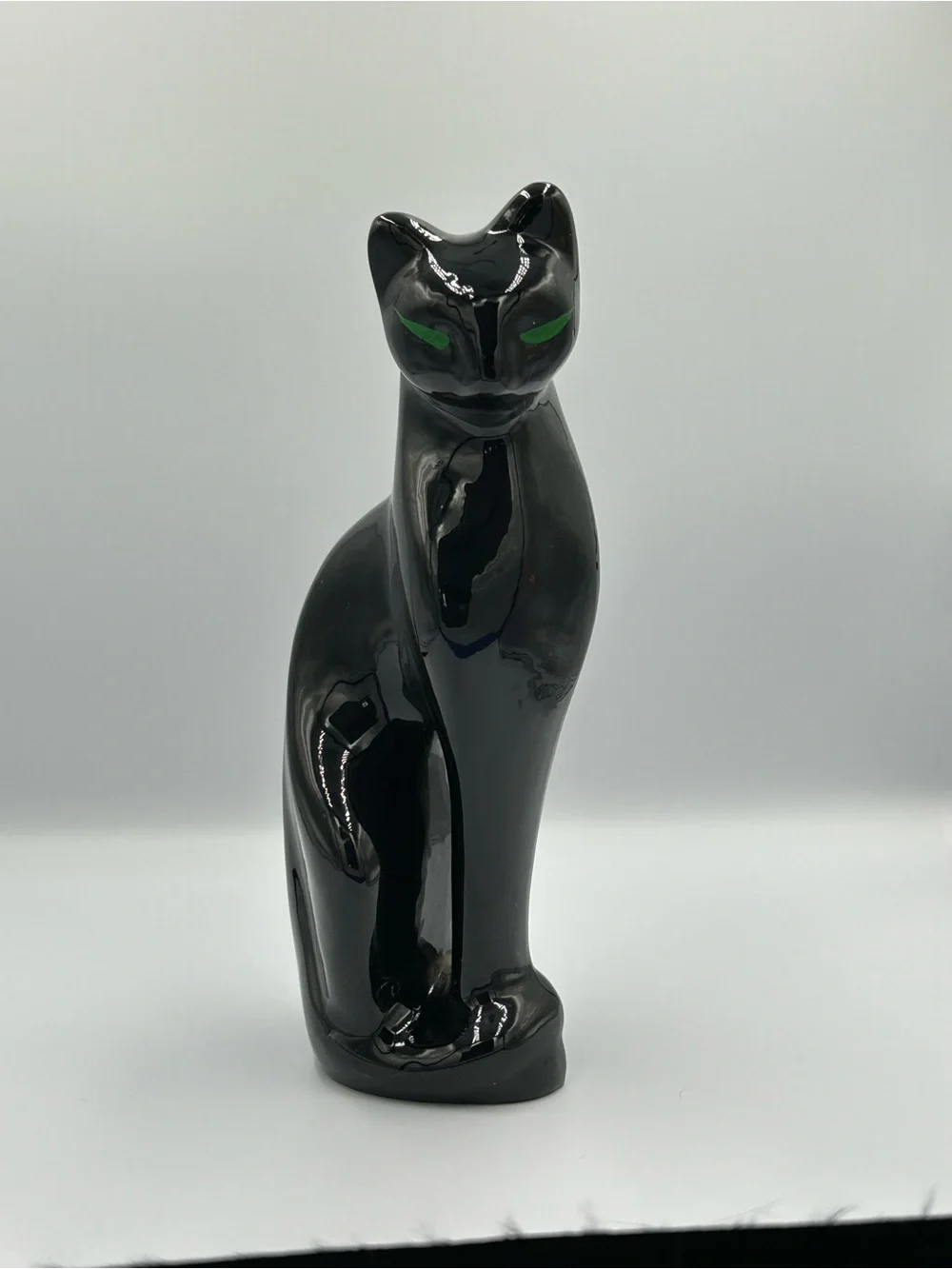 MCM Black Ceramic Cat Figurine with Green Eyes Mid Century Modern